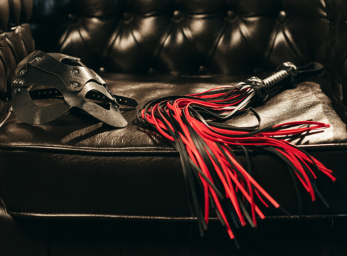 BDSM Mythen Symbolbild: rote Peitsche und Ledermaske auf Ledercouch BDSM myths Symbolic image: red whip and leather mask on leather couch