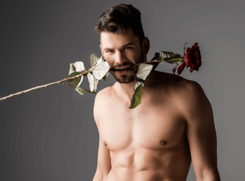 Analprolaps und Rosebud. Symbolbild: Mann mit nacktem Oberkörper trägt eine Rose im Mund. Englisch: Anal prolapse and rosebud. Symbolic image: Man with a naked upper body wearing a rose in his mouth.