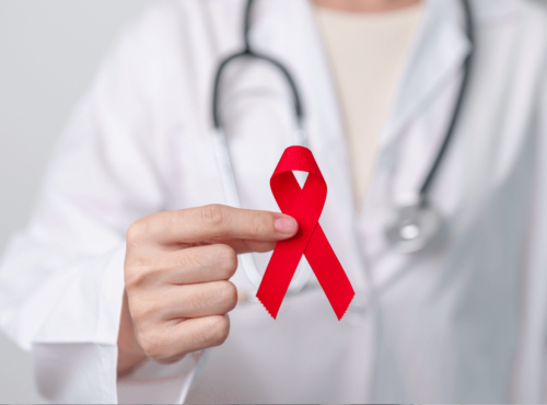 HIV Heilung Symbolbild: Aids-Schleife. Englisch: HIV cure Symbolic image: Aids ribbon.